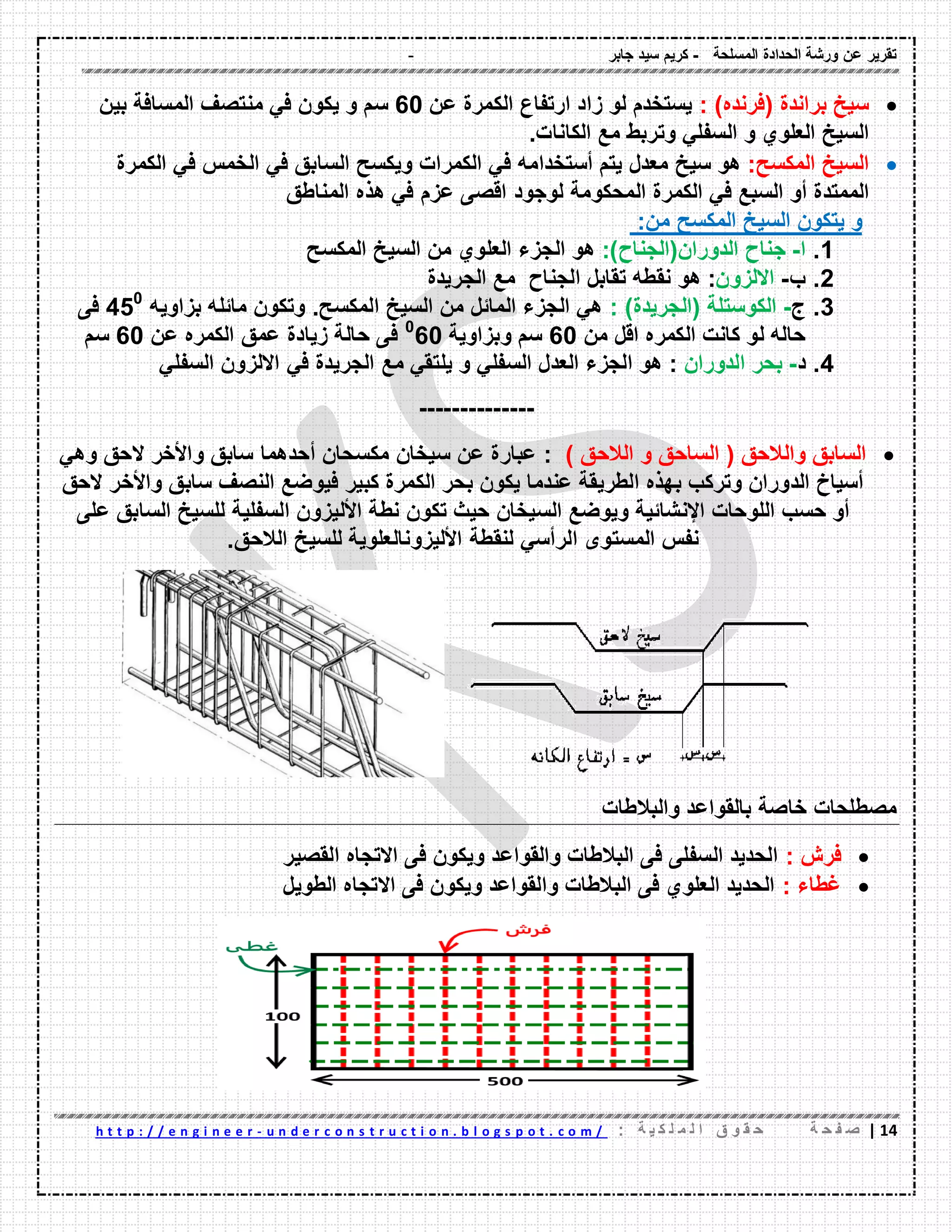 - ‫المسلحة‬ ‫الحدادة‬ ‫ورشة‬ ‫عن‬ ‫تمرٌر‬-‫جابر‬ ‫سٌد‬ ‫كرٌم‬
00|‫ة‬ ‫ح‬ ‫ف‬ ‫ص‬: ‫ة‬ ٌ ‫ك‬ ‫ل‬ ‫م‬ ‫ل‬ ‫ا‬ ‫ق‬ ‫و‬ ‫م‬ ‫ح‬u n d e r c o n s t r u c t i o n . b l o g s p o t . c o m /-h t t p : / / e n g i n e e r
‫سٌخ‬‫براندة‬)‫(فرنده‬:‫ٌستخدم‬‫لو‬‫زاد‬‫ارتفاع‬‫الكمرة‬‫عن‬60‫سم‬‫و‬‫ٌكون‬ً‫ف‬‫منتصف‬‫المسافة‬‫بٌن‬
‫السٌخ‬‫العلوي‬‫و‬ً‫السفل‬‫وتربط‬‫مع‬‫الكانات‬.
‫السٌخ‬‫المكسح‬:‫هو‬‫سٌخ‬‫معدل‬‫ٌتم‬‫أستخدامه‬ً‫ف‬‫الكمرات‬‫وٌكسح‬‫السابك‬ً‫ف‬‫الخمس‬ً‫ف‬‫الكمرة‬
‫الممتدة‬‫أو‬‫السبع‬ً‫ف‬‫الكمرة‬‫المحكومة‬‫لوجود‬‫الصى‬‫عزم‬ً‫ف‬‫هذه‬‫المناطك‬
‫و‬‫ٌتكون‬‫السٌخ‬‫المكسح‬‫من‬:
1.‫ا‬-‫جناح‬‫الدوران‬)‫(الجناح‬:‫هو‬‫الجزء‬‫العلوي‬‫من‬‫السٌخ‬‫المكسح‬
2.‫ب‬-‫االلزون‬:‫هو‬‫نمطه‬‫تمابل‬‫الجناح‬‫مع‬‫الجرٌدة‬
3.‫ج‬-‫الكوستلة‬(‫الجرٌدة‬: )ً‫ه‬‫الجزء‬‫المائل‬‫من‬‫السٌخ‬‫المكسح‬.‫بزاوٌه‬ ‫مائله‬ ‫وتكون‬450
‫فى‬
‫من‬ ‫الل‬ ‫الكمره‬ ‫كانت‬ ‫لو‬ ‫حاله‬60‫وبزاوٌة‬ ‫سم‬0
60‫عن‬ ‫الكمره‬ ‫عمك‬ ‫زٌادة‬ ‫حالة‬ ‫فى‬60‫سم‬
4.‫د‬-‫بحر‬‫الدوران‬:‫هو‬‫الجزء‬‫العدل‬ً‫السفل‬‫و‬ً‫ٌلتم‬‫مع‬‫الجرٌدة‬ً‫ف‬‫االلزون‬ً‫السفل‬
--------------
‫السابك‬‫والالحك‬(‫الساحك‬‫و‬‫الالحك‬):‫عبارة‬‫عن‬‫سٌخان‬‫مكسحان‬‫أحدهما‬‫سابك‬‫واألخر‬‫الحك‬ً‫وه‬
‫أسٌاخ‬‫الدوران‬‫وتركب‬‫بهذه‬‫الطرٌمة‬‫عندما‬‫ٌكون‬‫بحر‬‫الكمرة‬‫كبٌر‬‫فٌوضع‬‫النصف‬‫سابك‬‫واألخر‬‫الحك‬
‫أو‬‫حسب‬‫اللوحات‬‫اإلنشائٌة‬‫وٌوضع‬‫السٌخان‬‫حٌث‬‫تكون‬‫نطة‬‫األلٌزون‬‫السفلٌة‬‫للسٌخ‬‫السابك‬‫على‬
‫نفس‬‫المستوى‬ً‫الرأس‬‫لنمطة‬‫األلٌزونالعلوٌة‬‫للسٌخ‬‫الالحك‬.
‫والبالطات‬ ‫بالمواعد‬ ‫خاصة‬ ‫مصطلحات‬
: ‫فرش‬‫االتجاه‬ ‫فى‬ ‫وٌكون‬ ‫والمواعد‬ ‫البالطات‬ ‫فى‬ ‫السفلى‬ ‫الحدٌد‬‫المصٌر‬
: ‫غطاء‬‫الطوٌل‬ ‫االتجاه‬ ‫فى‬ ‫وٌكون‬ ‫والمواعد‬ ‫البالطات‬ ‫فى‬ ‫العلوي‬ ‫الحدٌد‬
 
