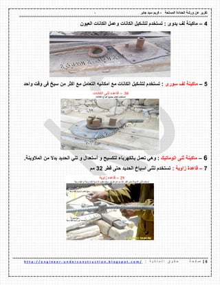 - ‫المسلحة‬ ‫الحدادة‬ ‫ورشة‬ ‫عن‬ ‫تمرٌر‬-‫جابر‬ ‫سٌد‬ ‫كرٌم‬
6|‫ة‬ ‫ح‬ ‫ف‬ ‫ص‬: ‫ة‬ ٌ ‫ك‬ ‫ل‬ ‫م‬ ‫ل‬ ‫ا‬ ‫ق‬ ‫و‬ ‫م‬ ‫ح‬u n d e r c o n s t r u c t i o n . b l o g s p o t . c o m /-h t t p : / / e n g i n e e r
4–‫الكانات‬ ‫لتشكٌل‬ ‫تستخدم‬ : ‫ٌدوى‬ ‫لف‬ ‫ماكٌنة‬‫العٌون‬ ‫الكانات‬ ‫وعمل‬
5–‫سورى‬ ‫لف‬ ‫ماكٌنة‬‫واحد‬ ‫ولت‬ ‫فى‬ ‫سٌخ‬ ‫من‬ ‫اكثر‬ ‫مع‬ ‫التعامل‬ ‫امكانٌه‬ ‫مع‬ ‫الكانات‬ ‫لتشكٌل‬ ‫تستخدم‬ :
6–‫اتوماتٌن‬ ‫ثنى‬ ‫ماكٌنة‬:ً‫وه‬‫تعمل‬‫بالكهرباء‬‫لتكسٌح‬‫و‬‫أستعدال‬‫و‬ً‫تن‬‫الحدٌد‬‫بدال‬‫من‬‫المالوٌنة‬.
7–: ‫زاوٌة‬ ‫لاعدة‬‫لطر‬ ‫حتى‬ ‫الحدٌد‬ ‫اسٌاخ‬ ‫لثنى‬ ‫تستخدم‬32‫مم‬
 