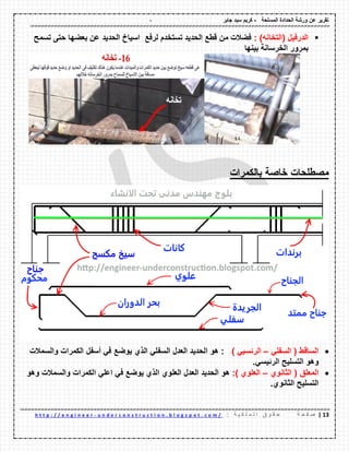 - ‫المسلحة‬ ‫الحدادة‬ ‫ورشة‬ ‫عن‬ ‫تمرٌر‬-‫جابر‬ ‫سٌد‬ ‫كرٌم‬
02|‫ة‬ ‫ح‬ ‫ف‬ ‫ص‬: ‫ة‬ ٌ ‫ك‬ ‫ل‬ ‫م‬ ‫ل‬ ‫ا‬ ‫ق‬ ‫و‬ ‫م‬ ‫ح‬u n d e r c o n s t r u c t i o n . b l o g s p o t . c o m /-h t t p : / / e n g i n e e r
: )‫(التخانه‬ ‫الدرفٌل‬‫تستخدم‬ ‫الحدٌد‬ ‫لطع‬ ‫من‬ ‫فضالت‬‫لرفع‬‫الحدٌد‬ ‫اسٌاخ‬‫بعضها‬ ‫عن‬‫تسمح‬ ‫حتى‬
‫بٌنها‬ ‫الخرسانة‬ ‫بمرور‬
‫مصطلحات‬‫بالكمرات‬ ‫خاصة‬
‫السالط‬(ً‫السفل‬–ًٌ‫الرئس‬):‫هو‬‫الحدٌد‬‫العدل‬ً‫السفل‬‫الذي‬‫ٌوضع‬ً‫ف‬‫أسفل‬‫الكمرات‬‫والسمالت‬
‫وهو‬‫التسلٌح‬ً‫الرئٌس‬.
‫المعلك‬(‫الثانوي‬–‫العلوي‬:)‫هو‬‫الحدٌد‬‫العدل‬‫العلوي‬‫الذي‬‫ٌوضع‬ً‫ف‬ً‫اعل‬‫الكمرات‬‫والسمالت‬‫وهو‬
‫التسلٌح‬‫الثانوي‬.
 