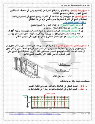 - ‫المسلحة‬ ‫الحدادة‬ ‫ورشة‬ ‫عن‬ ‫تمرٌر‬-‫جابر‬ ‫سٌد‬ ‫كرٌم‬
00|‫ة‬ ‫ح‬ ‫ف‬ ‫ص‬: ‫ة‬ ٌ ‫ك‬ ‫ل‬ ‫م‬ ‫ل‬ ‫ا‬ ‫ق‬ ‫و‬ ‫م‬ ‫ح‬u n d e r c o n s t r u c t i o n . b l o g s p o t . c o m /-h t t p : / / e n g i n e e r
‫سٌخ‬‫براندة‬)‫(فرنده‬:‫ٌستخدم‬‫لو‬‫زاد‬‫ارتفاع‬‫الكمرة‬‫عن‬60‫سم‬‫و‬‫ٌكون‬ً‫ف‬‫منتصف‬‫المسافة‬‫بٌن‬
‫السٌخ‬‫العلوي‬‫و‬ً‫السفل‬‫وتربط‬‫مع‬‫الكانات‬.
‫السٌخ‬‫المكسح‬:‫هو‬‫سٌخ‬‫معدل‬‫ٌتم‬‫أستخدامه‬ً‫ف‬‫الكمرات‬‫وٌكسح‬‫السابك‬ً‫ف‬‫الخمس‬ً‫ف‬‫الكمرة‬
‫الممتدة‬‫أو‬‫السبع‬ً‫ف‬‫الكمرة‬‫المحكومة‬‫لوجود‬‫الصى‬‫عزم‬ً‫ف‬‫هذه‬‫المناطك‬
‫و‬‫ٌتكون‬‫السٌخ‬‫المكسح‬‫من‬:
1.‫ا‬-‫جناح‬‫الدوران‬)‫(الجناح‬:‫هو‬‫الجزء‬‫العلوي‬‫من‬‫السٌخ‬‫المكسح‬
2.‫ب‬-‫االلزون‬:‫هو‬‫نمطه‬‫تمابل‬‫الجناح‬‫مع‬‫الجرٌدة‬
3.‫ج‬-‫الكوستلة‬(‫الجرٌدة‬: )ً‫ه‬‫الجزء‬‫المائل‬‫من‬‫السٌخ‬‫المكسح‬.‫بزاوٌه‬ ‫مائله‬ ‫وتكون‬450
‫فى‬
‫من‬ ‫الل‬ ‫الكمره‬ ‫كانت‬ ‫لو‬ ‫حاله‬60‫وبزاوٌة‬ ‫سم‬0
60‫عن‬ ‫الكمره‬ ‫عمك‬ ‫زٌادة‬ ‫حالة‬ ‫فى‬60‫سم‬
4.‫د‬-‫بحر‬‫الدوران‬:‫هو‬‫الجزء‬‫العدل‬ً‫السفل‬‫و‬ً‫ٌلتم‬‫مع‬‫الجرٌدة‬ً‫ف‬‫االلزون‬ً‫السفل‬
--------------
‫السابك‬‫والالحك‬(‫الساحك‬‫و‬‫الالحك‬):‫عبارة‬‫عن‬‫سٌخان‬‫مكسحان‬‫أحدهما‬‫سابك‬‫واألخر‬‫الحك‬ً‫وه‬
‫أسٌاخ‬‫الدوران‬‫وتركب‬‫بهذه‬‫الطرٌمة‬‫عندما‬‫ٌكون‬‫بحر‬‫الكمرة‬‫كبٌر‬‫فٌوضع‬‫النصف‬‫سابك‬‫واألخر‬‫الحك‬
‫أو‬‫حسب‬‫اللوحات‬‫اإلنشائٌة‬‫وٌوضع‬‫السٌخان‬‫حٌث‬‫تكون‬‫نطة‬‫األلٌزون‬‫السفلٌة‬‫للسٌخ‬‫السابك‬‫على‬
‫نفس‬‫المستوى‬ً‫الرأس‬‫لنمطة‬‫األلٌزونالعلوٌة‬‫للسٌخ‬‫الالحك‬.
‫والبالطات‬ ‫بالمواعد‬ ‫خاصة‬ ‫مصطلحات‬
: ‫فرش‬‫االتجاه‬ ‫فى‬ ‫وٌكون‬ ‫والمواعد‬ ‫البالطات‬ ‫فى‬ ‫السفلى‬ ‫الحدٌد‬‫المصٌر‬
: ‫غطاء‬‫الطوٌل‬ ‫االتجاه‬ ‫فى‬ ‫وٌكون‬ ‫والمواعد‬ ‫البالطات‬ ‫فى‬ ‫العلوي‬ ‫الحدٌد‬
 
