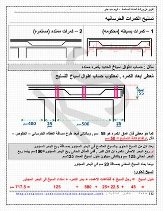 - ‫المسلحة‬ ‫الحدادة‬ ‫ورشة‬ ‫عن‬ ‫تمرٌر‬-‫جابر‬ ‫سٌد‬ ‫كرٌم‬
22|‫ة‬ ‫ح‬ ‫ف‬ ‫ص‬: ‫ة‬ ٌ ‫ك‬ ‫ل‬ ‫م‬ ‫ل‬ ‫ا‬ ‫ق‬ ‫و‬ ‫م‬ ‫ح‬u n d e r c o n s t r u c t i o n . b l o g s p o t . c o m /-h t t p : / / e n g i n e e r
‫الكمرات‬ ‫تسلٌح‬‫الخرسانٌه‬
1–)‫(محكومه‬ ‫بسٌطه‬ ‫كمرات‬2–)‫(مستمره‬ ‫ممتده‬ ‫كمرات‬
: ‫مثال‬‫ممتده‬ ‫بكمره‬ ‫الحدٌد‬ ‫اسٌاخ‬ ‫اطوال‬ ‫حساب‬
ُ‫م‬‫الكمره‬ ‫ابعاد‬ ‫عطى‬‫التسلٌح‬ ‫اسٌاخ‬ ‫اطوال‬ ‫حساب‬ ‫,المطلوب‬
‫هو‬ ‫الكمره‬ ‫عمك‬ ‫فؤن‬ ‫معطى‬ ‫هو‬ ‫كما‬55‫الخرسانى‬ ‫الغطاء‬ ‫مسافة‬ ‫طرح‬ ‫فبعد‬ ‫وبالتالى‬ , ‫سم‬–‫الخلوص‬–
‫فؤن‬,‫كان‬ ‫ارتفاع‬‫ة‬‫التس‬‫ل‬= ‫ٌح‬05‫سم‬
‫المجاور‬ ‫البحر‬ ‫ربع‬ ‫بمسافة‬ ‫المجاور‬ ‫البحر‬ ‫فى‬ ‫المكسح‬ ‫والسٌخ‬ ‫العلوى‬ ‫السٌخ‬ ‫من‬ ‫كل‬ ‫ٌمتد‬
‫او‬‫االصلى‬ ‫البحر‬ ‫ربع‬‫للكمره‬‫اكبر‬ ‫كان‬ ‫ان‬‫المثال‬ ‫ففى‬ ,=‫المجاور‬ ‫البحر‬ ‫ربع‬ ‫الحالى‬100‫ربع‬ ‫بٌنما‬ ‫سم‬
‫الحالى‬ ‫البحر‬125‫الممتد‬ ‫السٌخ‬ ‫طول‬ ‫سٌكون‬ ‫وبالتالى‬ ‫سم‬125‫سم‬
‫بمسافة‬ ‫السفلى‬ ‫السٌخ‬ ‫ٌمتد‬ ‫بٌنما‬20‫المجاور‬ ‫البحر‬ ‫فى‬ ‫سم‬
:‫العلوي‬ ‫السٌخ‬
‫السٌخ‬ ‫طول‬=+ ‫السٌخ‬ ‫رجل‬‫المجاور‬ ‫البحر‬ ‫فى‬ ‫السٌخ‬ ‫امتداد‬ + ‫الكمره‬ ‫بحر‬ + ‫االعمده‬ ‫لطاعات‬
=45+22.5+25+500+125=717.5‫سم‬
 