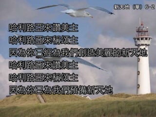 哈利路亞來讚美主
哈利路亞來稱頌主
因為祢已經為我們創造美麗的新天地
哈利路亞來讚美主
哈利路亞來稱頌主
因為祢已為我們預備新天地
新天地（華）6-2
 