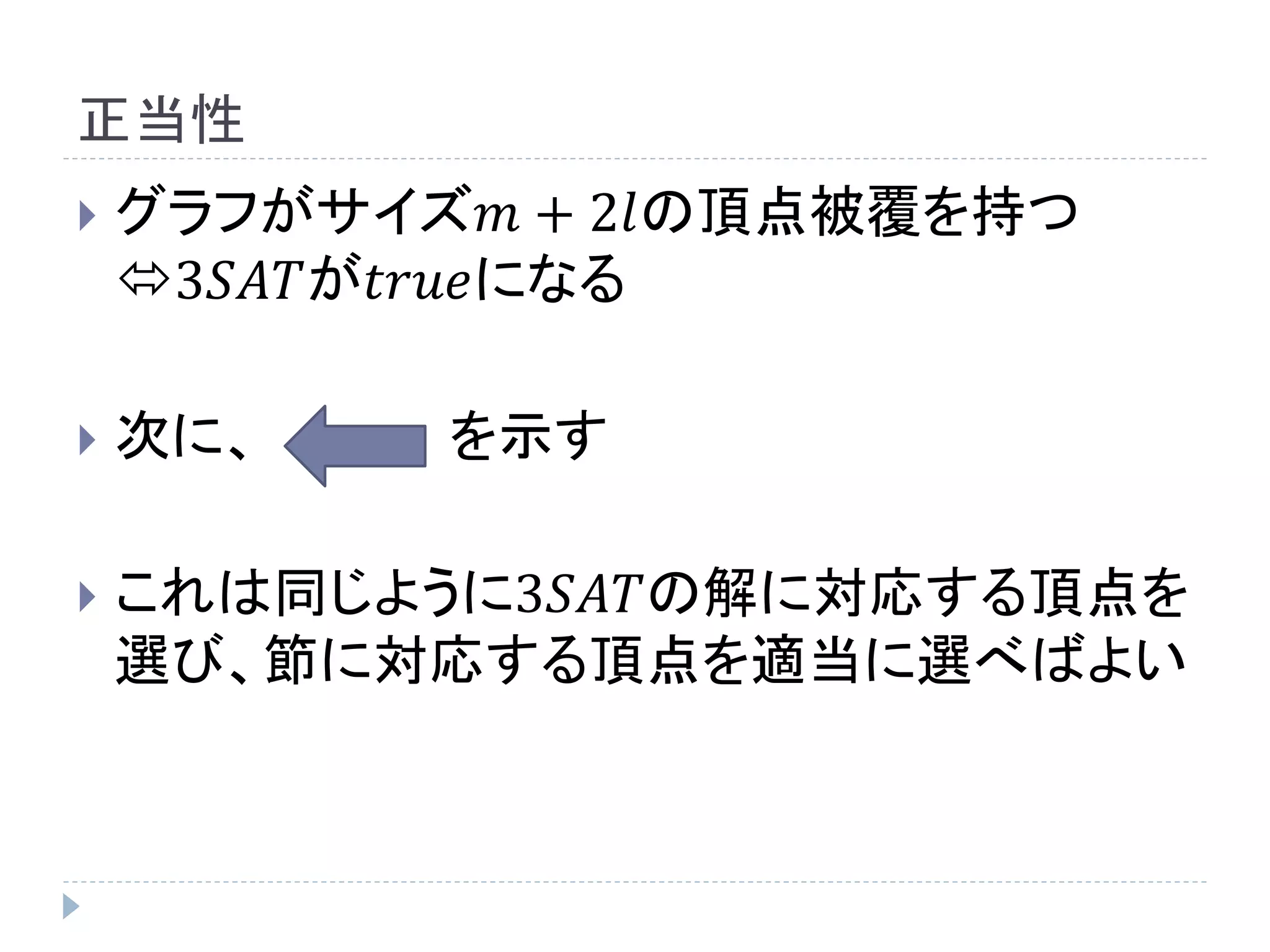正当性
 グラフがサイズ𝑚 + 2𝑙の頂点被覆を持つ
3𝑆𝐴𝑇が𝑡𝑟𝑢𝑒になる
 次に、 を示す
 これは同じように3𝑆𝐴𝑇の解に対応する頂点を
選び、節に対応する頂点を適当に選べばよい
 