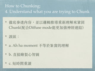 How to Chunking:
4. Understand what you are trying to Chunk
صׅ͸ݣK߉݋ƌ얹
Chunk(Diffuse modeܸӏBY)
`^
a. Ah ha moment 춼
b. ֱLu?ǈD
c. ̕rgx
 