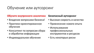 Обучение или аутсорсинг
Обучите внутреннего аналитика
• Владение вопросами бизнеса!
• Практико-ориентированное
обучение
• Консалтинг по вопросам сбора
и обработки информации
• Индивидуальное обучение
Безопасный аутсорсинг
• Высокая скорость и качество
• Привнесение нового опыта
• Использование
профессиональных
инструментов и ресурсов
• Есть некоторые риски
 