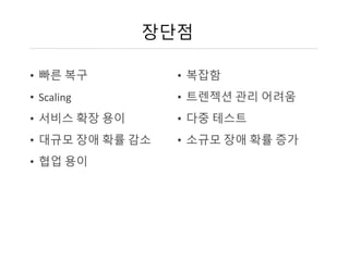 장단점
• 빠른 복구
• Scaling
• 서비스 확장 용이
• 대규모 장애 확률 감소
• 협업 용이
• 복잡함
• 트렌젝션 관리 어려움
• 다중 테스트
• 소규모 장애 확률 증가
 