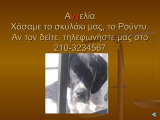 ΑΑγγγγελίαελία
Χάσαμε το σκυλάκι μας, το Ρούντυ.Χάσαμε το σκυλάκι μας, το Ρούντυ.
Αν τον δείτε, τηλεφωνήστε μας στοΑν τον δείτε, τηλεφωνήστε μας στο
210-3234567210-3234567
 