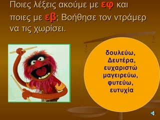Ποιες λέξεις ακούμε μεΠοιες λέξεις ακούμε με εφεφ καικαι
ποιες μεποιες με εβεβ; Βοήθησε τον ντράμερ; Βοήθησε τον ντράμερ
να τις χωρίσει.να τις χωρίσει.
δουλεύω,
Δευτέρα,
ευχαριστώ
μαγειρεύω,
φυτεύω,
ευτυχία
 