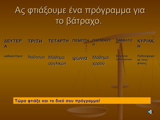 Ας φτιάξουμε ένα πρόγραμμα γιαΑς φτιάξουμε ένα πρόγραμμα για
το βάτραχο.το βάτραχο.
ΔΕΥΤΕΡΔΕΥΤΕΡ
ΑΑ
ΤΡΙΤΗΤΡΙΤΗ ΤΕΤΑΡΤΗΤΕΤΑΡΤΗ ΠΕΜΠΤΗΠΕΜΠΤΗ ΠΑΡΑΣΚΕΥΠΑΡΑΣΚΕΥ
ΗΗ
ΣΑΒΒΑΤΟΣΑΒΒΑΤΟ ΚΥΡΙΑΚΚΥΡΙΑΚ
ΗΗ
καθαριστήριοκαθαριστήριο
διάβασμαδιάβασμα ΜάθημαΜάθημα
αγγλικώναγγλικών
ψώνιαψώνια ΜάθημαΜάθημα
χορούχορού
ΕργασίαΕργασία
καλλιτεχνικώνκαλλιτεχνικών
ΠοδόσφαιροΠοδόσφαιρο
με τουςμε τους
φίλουςφίλους
Τώρα φτιάξε και το δικό σου πρόγραμμα!
 