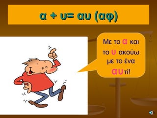 α + υ= αυ (αφ)α + υ= αυ (αφ)
Με το α και
το υ ακούω
με το ένα
αυτί!
 