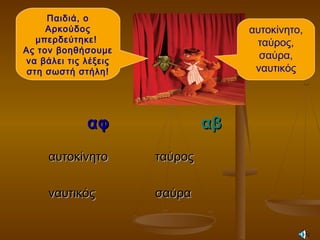 Παιδιά, ο
Αρκούδος
μπερδεύτηκε!
Ας τον βοηθήσουμε
να βάλει τις λέξεις
στη σωστή στήλη!
αυτοκίνητο,
ταύρος,
σαύρα,
ναυτικός
αφαφ αβαβ
αυτοκίνητοαυτοκίνητο ταύροςταύρος
ναυτικόςναυτικός σαύρασαύρα
 
