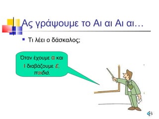 Ας γράψουμε το Αι αι Αι αι…
 Τι λέει ο δάσκαλος;
Όταν έχουμε α και
ι διαβάζουμε ε,
παιδιά.
 