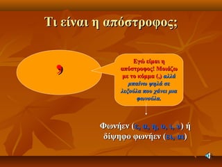 Τι είναι η απόστροφος;Τι είναι η απόστροφος;
’’
Εγώ είμαι ηΕγώ είμαι η
απόστροφος! Μοιάζωαπόστροφος! Μοιάζω
με το κόμμα (,)με το κόμμα (,) αλλάαλλά
μπαίνω ψηλά σεμπαίνω ψηλά σε
λεξούλα που χάνει μιαλεξούλα που χάνει μια
φωνούλα.φωνούλα.
Φωνήεν (Φωνήεν (ε, α, η, ο, ι, υε, α, η, ο, ι, υ) ή) ή
δίψηφο φωνήεν (δίψηφο φωνήεν (ει, αιει, αι))
 