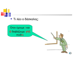  Τι λέει ο δάσκαλος;
Όταν έχουμε ι και
α διαβάζουμε για,
παιδιά.
 