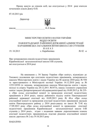Прошу внести до списків осіб, що атестуються у 2014 році вчителя
початкових класів Довгу О.П.
07.10.2013 рік
Директор
школи__________________________ Н.Л.Знова
МІНІСТЕРСТВО ОСВІТИ І НАУКИ УКРАЇНИ
ВІДДІЛ ОСВІТИ
ПАВЛОГРАДСЬКОЇ РАЙОННОЇ ДЕРЖАВНОЇ АДМІНІСТРАЦІЇ
КАРАБИНІВСЬКА ЗАГАЛЬНООСВІТНЯ ШКОЛА І-ІІІ СТУПЕНІВ
Н А К А З
19. 10.2013 с. Карабинівка № 82 -к
Про затвердження списків педагогічних працівників
Карабинівської загальноосвітньої школи І-ІІІ ступенів,
які атестуються в 2014 році
На виконання с. 54 Закону України «Про освіту», відповідно до
Типового положення про атестацію педагогічних працівників, затвердженого
наказом Міністерством освіти і науки України від 06 жовтня 2010 року № 930
та зареєстрованого в Міністерстві юстиції України 14.12.2010 року за №
1255/18550 (зі змінами, затвердженими наказом Міністерства освіти і науки,
молоді та спорту України від 20.12.2011 №1473), наказу головного управління
освіти і науки Дніпропетровської облдержадміністрації від 10.09.2013 р. № 235-
к «Про склад атестаційної комісії та проведення атестації педагогічних
працівників в 2014 році», наказу районного відділу освіти Павлоградської
районної державної атестації від 10.09.2013 року № 48-к «Про склад
атестаційної комісії та проведення атестації педагогічних працівників закладів
освіти Павлоградського району у 2014 році»,наказу по школі № 73-К від
17.09.2013 року «Про склад атестаційної комісії та проведення атестації
педагогічних працівників Карабинівської загальноосвітньої школи І-ІІІ
ступенів у 2014 році», згідно з поданими заявами ,перспективним планом
атестації педагогічних працівників,на підставі рішення атестаційної комісії
школи ,протокол № 2 від 19.10.2013 року
НАКАЗУЮ:
16
 