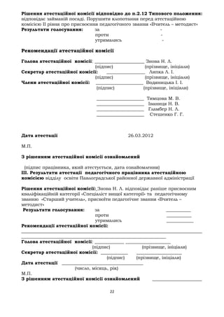Рішення атестаційної комісії відповідно до п.2.12 Типового положення:
відповідає займаній посаді. Порушити клопотання перед атестаційною
комісією ІІ рівня про присвоєння педагогічного звання «Вчитель – методист»
Результати голосування: за -
проти -
утримались -
Рекомендації атестаційної комісії
Голова атестаційної комісії: ______________________ Знова Н. Л.
(підпис) (прізвище, ініціали)
Секретар атестаційної комісії: _________________ Липка Л. І.
(підпис) (прізвище, ініціали)
Члени атестаційної комісії: _____________________ Водяницька І. І.
(підпис) (прізвище, ініціали)
_____________________ Тимцова М. В.
_____________________ Іваниця Н. В.
_____________________ Гламбер Н. Л.
_____________________ Стешенко Г. Г.
Дата атестації 26.03.2012
М.П.
З рішенням атестаційної комісії ознайомлений
(підпис працівника, який атестується, дата ознайомлення)
III. Результати атестації педагогічного працівника атестаційною
комісією відділу освіти Павлоградської районної державної адміністрації
Рішення атестаційної комісії: Знова Н. Л. відповідає раніше присвоєним
кваліфікаційній категорії «Спеціаліст вищої категорії» та педагогічному
званню «Старший учитель», присвоїти педагогічне звання «Вчитель –
методист»
Результати голосування: за ___________
проти ___________
утримались ____________
Рекомендації атестаційної комісії:
________________________________________________________________________________
________________________________________________________________
Голова атестаційної комісії: _____________ ____________________
(підпис) (прізвище, ініціали)
Секретар атестаційної комісії: ____________ ____________________
(підпис) (прізвище, ініціали)
Дата атестації ____________________________________
(число, місяць, рік)
М.П.
З рішенням атестаційної комісії ознайомлений ______________________
22
 