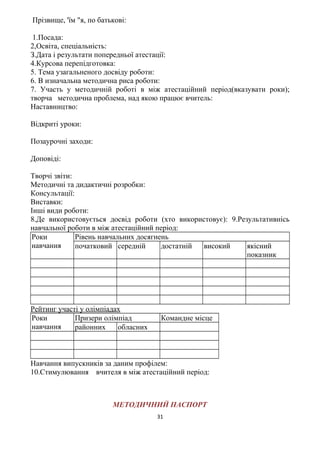 Прізвище, 'їм "я, по батькові:
1.Посада:
2,Освіта, спеціальність:
З.Дата і результати попередньої атестації:
4.Курсова перепідготовка:
5. Тема узагальненого досвіду роботи:
6. В изначальна методична риса роботи:
7. Участь у методичній роботі в між атестаційний період(вказувати роки);
творча методична проблема, над якою працює вчитель:
Наставництво:
Відкриті уроки:
Позаурочні заходи:
Доповіді:
Творчі звіти:
Методичні та дидактичні розробки:
Консультації:
Виставки:
Інші види роботи:
8.Де використовується досвід роботи (хто використовує): 9.Результативнісь
навчальної роботи в між атестаційний період:
Роки
навчання
Рівень навчальних досягнень
початковий середній достатній високий якісний
показник
Рейтинг участі у олімпіадах
Роки
навчання
Призери олімпіад Командне місце
районних обласних
Навчання випускників за даним профілем:
10.Стимулювання вчителя в між атестаційний період:
МЕТОДИЧНИЙ ПАСПОРТ
31
 