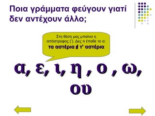 Ποια γράμματα φεύγουν γιατί
δεν αντέχουν άλλο;
α, ε, ι, η , ο , ω,α, ε, ι, η , ο , ω,
ουου
Στη θέση μας μπαίνει η
απόστροφος (’). Δες τι έπαθε το α:
τα αστέριατα αστέριατ’ αστέριατ’ αστέρια
 