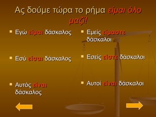 Ας δούμε τώρα το ρήμαΑς δούμε τώρα το ρήμα είμαι όλοείμαι όλο
μαζί!μαζί!
 ΕγώΕγώ είμαιείμαι δάσκαλοςδάσκαλος
 ΕσύΕσύ είσαιείσαι δάσκαλοςδάσκαλος
 ΑυτόςΑυτός είναιείναι
δάσκαλοςδάσκαλος
 ΕμείςΕμείς είμαστεείμαστε
δάσκαλοιδάσκαλοι
 ΕσείςΕσείς είστεείστε δάσκαλοιδάσκαλοι
 ΑυτοίΑυτοί είναιείναι δάσκαλοιδάσκαλοι
 