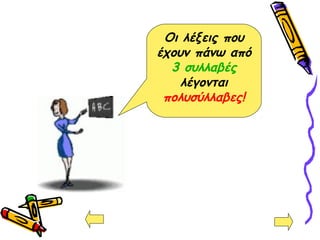 Οι λέξεις που
έχουν πάνω από
3 συλλαβές
λέγονται
πολυσύλλαβες!
 