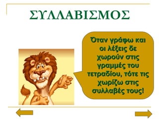 ΣΥΛΛΑΒΙΣΜΟΣ
Όταν γράφω καιΌταν γράφω και
οι λέξεις δεοι λέξεις δε
χωρούν στιςχωρούν στις
γραμμές τουγραμμές του
τετραδίου, τότε τιςτετραδίου, τότε τις
χωρίζω στιςχωρίζω στις
συλλαβές τους!συλλαβές τους!
 