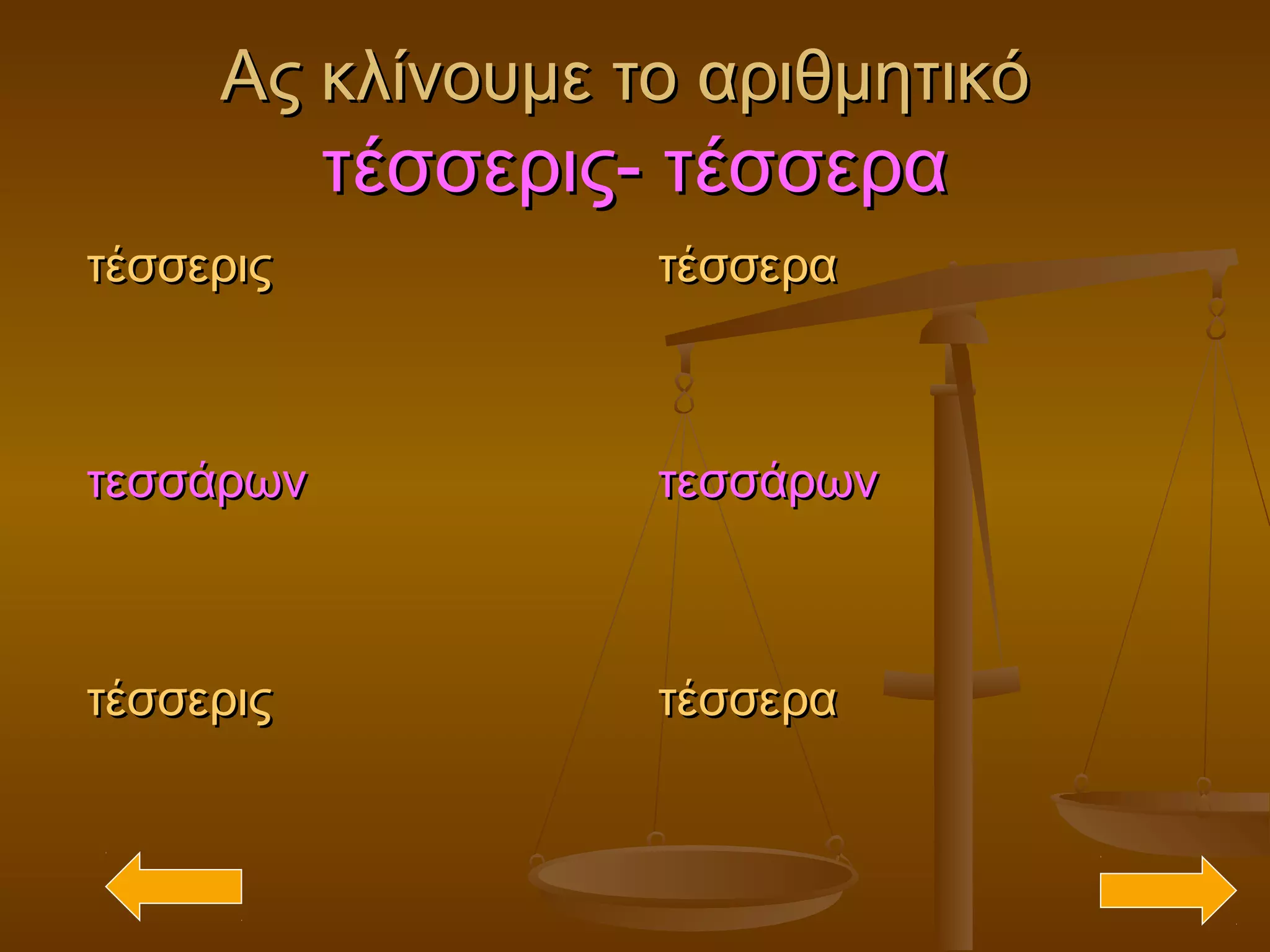 Ας κλίνουμε το αριθμητικόΑς κλίνουμε το αριθμητικό
τέσσερις- τέσσερατέσσερις- τέσσερα
τέσσεριςτέσσερις τέσσερατέσσερα
τεσσάρωντεσσάρων τεσσάρωντεσσάρων
τέσσεριςτέσσερις τέσσερατέσσερα
 