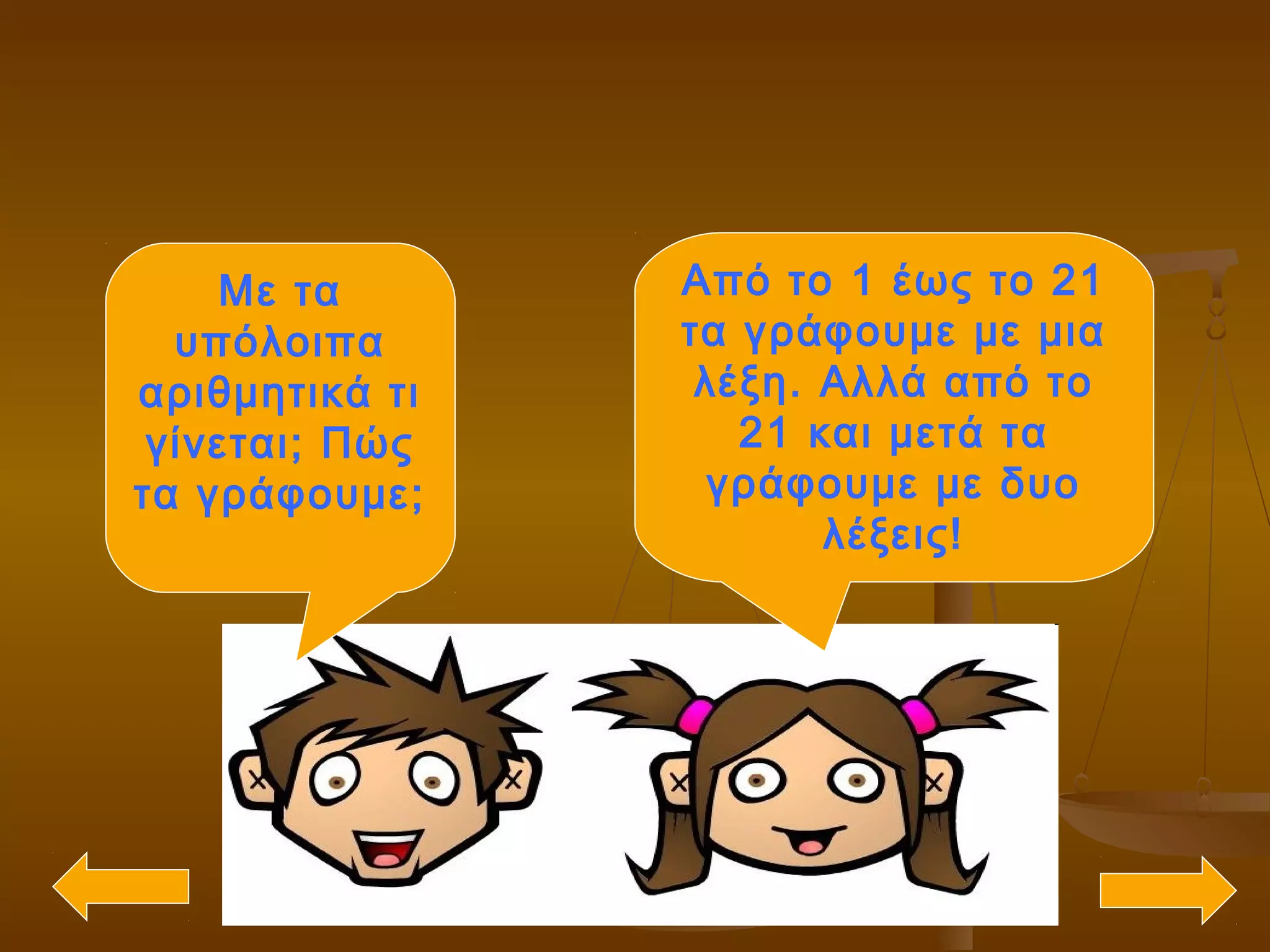 Με τα
υπόλοιπα
αριθμητικά τι
γίνεται; Πώς
τα γράφουμε;
Από το 1 έως το 21
τα γράφουμε με μια
λέξη. Αλλά από το
21 και μετά τα
γράφουμε με δυο
λέξεις!
 