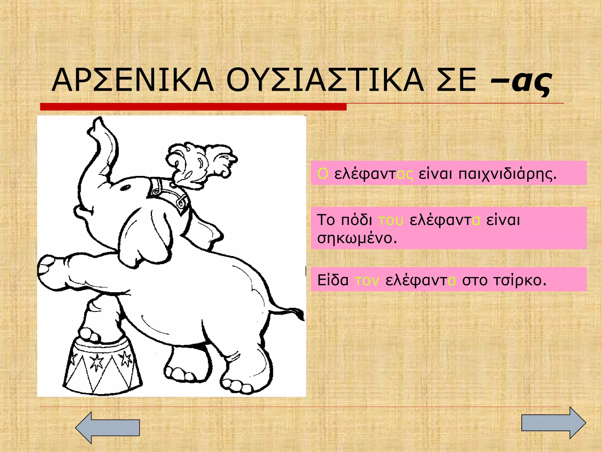 ΑΡΣΕΝΙΚΑ ΟΥΣΙΑΣΤΙΚΑ ΣΕ –ας
Ο ελέφαντας είναι παιχνιδιάρης.
Το πόδι του ελέφαντα είναι
σηκωμένο.
Είδα τον ελέφαντα στο τσίρκο.
 