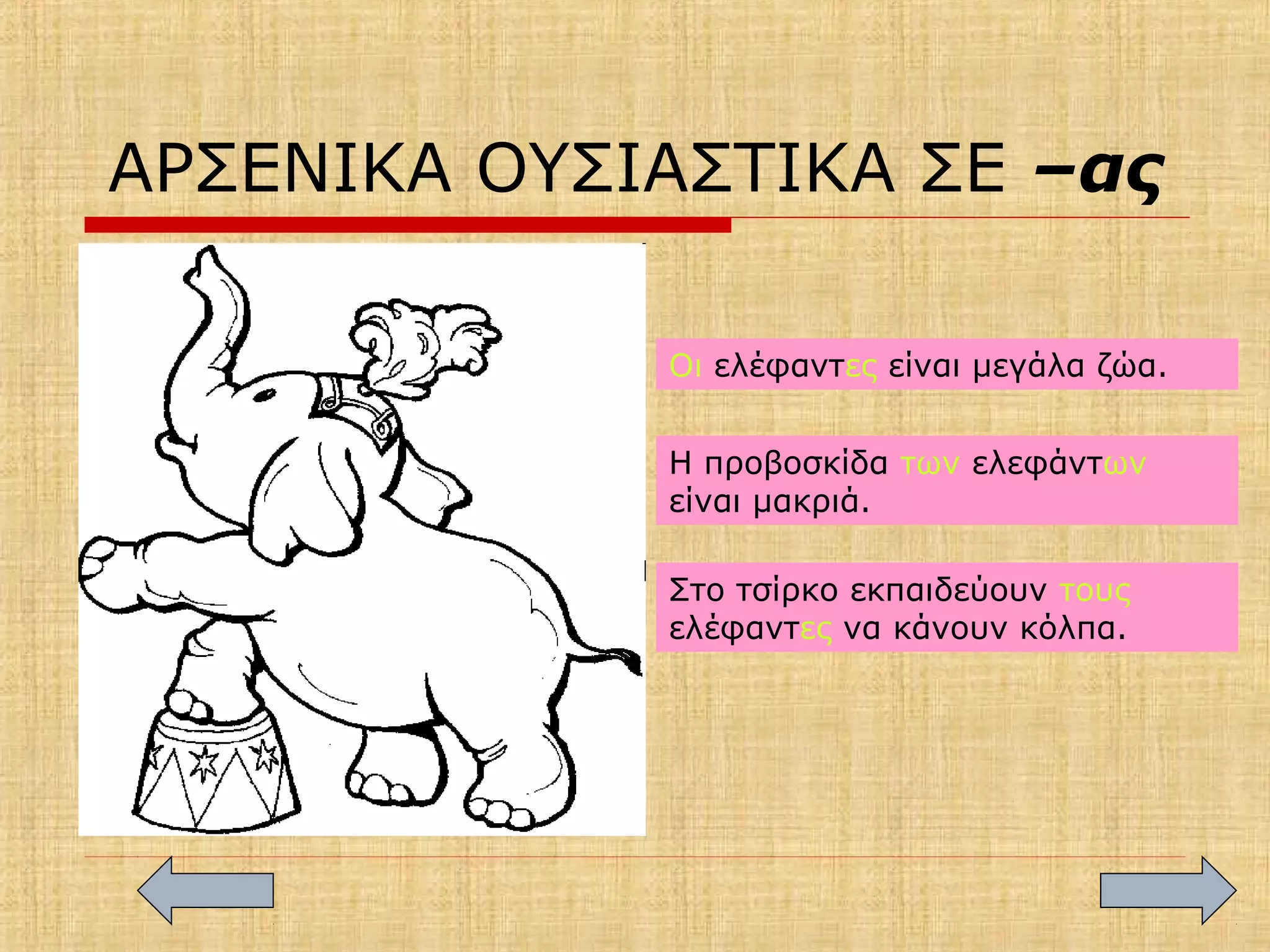 ΑΡΣΕΝΙΚΑ ΟΥΣΙΑΣΤΙΚΑ ΣΕ –ας
Οι ελέφαντες είναι μεγάλα ζώα.
Η προβοσκίδα των ελεφάντων
είναι μακριά.
Στο τσίρκο εκπαιδεύουν τους
ελέφαντες να κάνουν κόλπα.
 