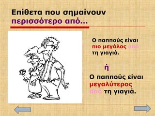 Επίθετα που σημαίνουν
περισσότερο από…
Ο παππούς είναι
πιο μεγάλος από
τη γιαγιά.
Ο παππούς είναι
μεγαλύτερος
από τη γιαγιά.
ή
 