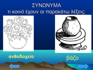 ΣΥΝΩΝΥΜΑΣΥΝΩΝΥΜΑ
τι κοινό έχουν οι παρακάτω λέξεις;τι κοινό έχουν οι παρακάτω λέξεις;
βάζοανθοδοχείο
 