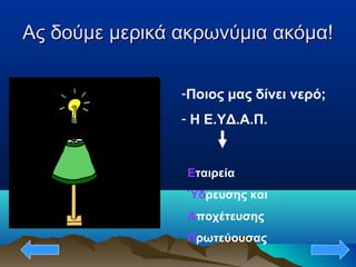 Ας δούμε μερικά ακρωνύμια ακόμα!Ας δούμε μερικά ακρωνύμια ακόμα!
-Ποιος μας δίνει νερό;
- Η Ε.ΥΔ.Α.Π.
Εταιρεία
Ύδρευσης και
Αποχέτευσης
Πρωτεύουσας
 