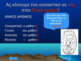 Ας κλίνουμε ένα ουσιαστικό σε –Ας κλίνουμε ένα ουσιαστικό σε –ηςης
στονστον Ενικό αριθμόΕνικό αριθμό!!
ΕΝΙΚΟΣ ΑΡΙΘΜΟΣ
Ονομαστική: ο μαθητής
Γενική: του μαθητή
Αιτιατική: τον μαθητή
Κλητική: -- μαθητή
Δεν είναι και τόσο
δύσκολο! Κάνε το
ίδιο με το
ουσιαστικό ο
εργάτης!
 