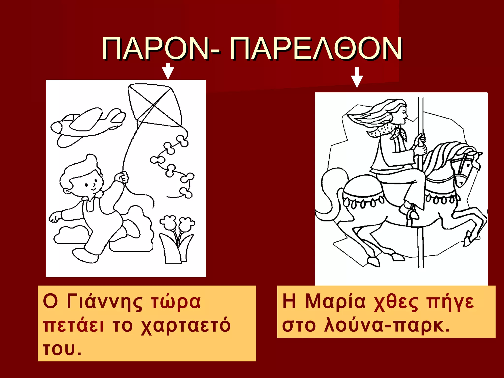 ΠΑΡΟΝ- ΠΑΡΕΛΘΟΝΠΑΡΟΝ- ΠΑΡΕΛΘΟΝ
Ο Γιάννης τώρα
πετάει το χαρταετό
του.
Η Μαρία χθες πήγε
στο λούνα-παρκ.
 