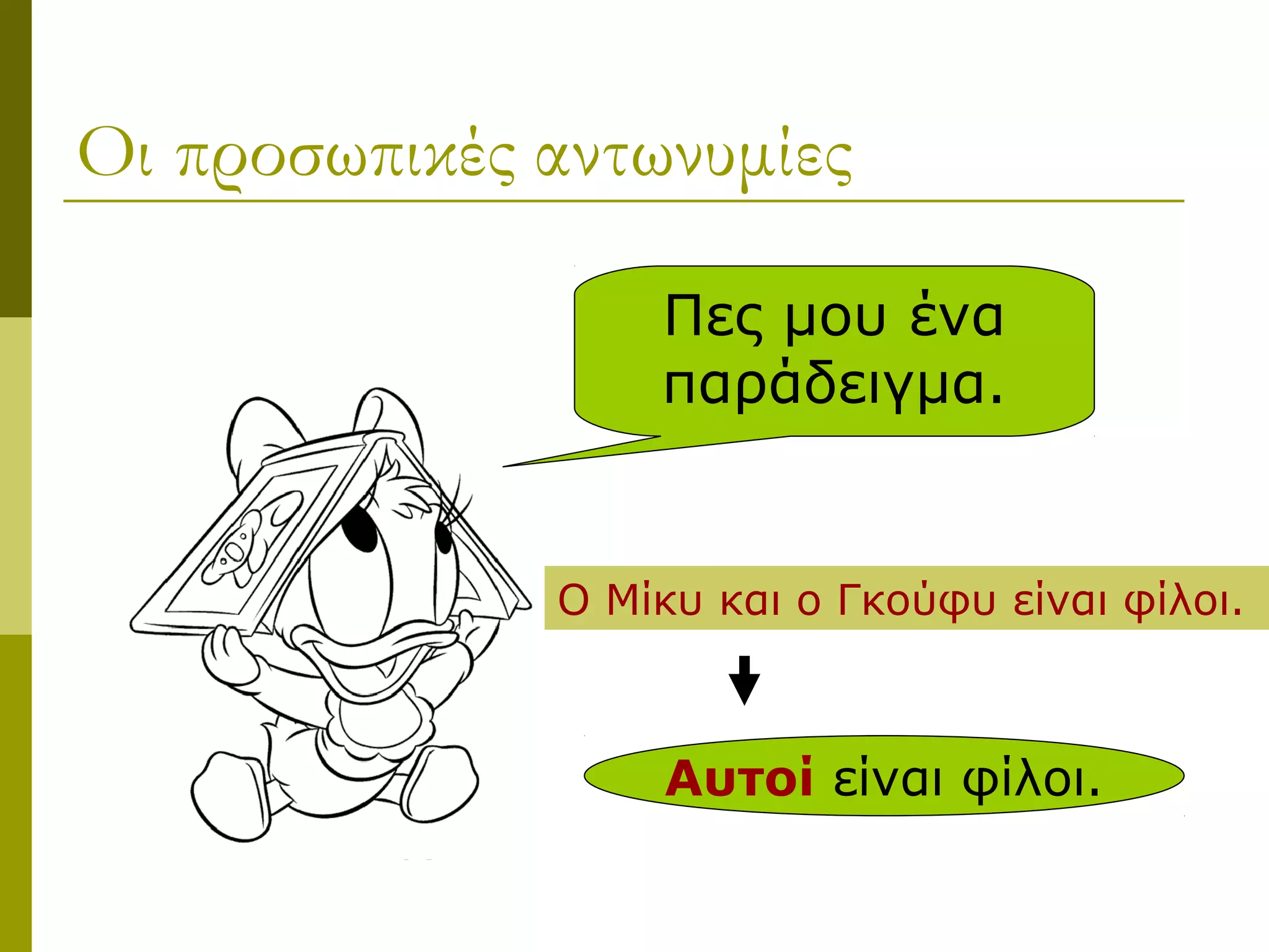 Οι προσωπικές αντωνυμίες
Πες μου ένα
παράδειγμα.
Ο Μίκυ και ο Γκούφυ είναι φίλοι.
Αυτοί είναι φίλοι.
 