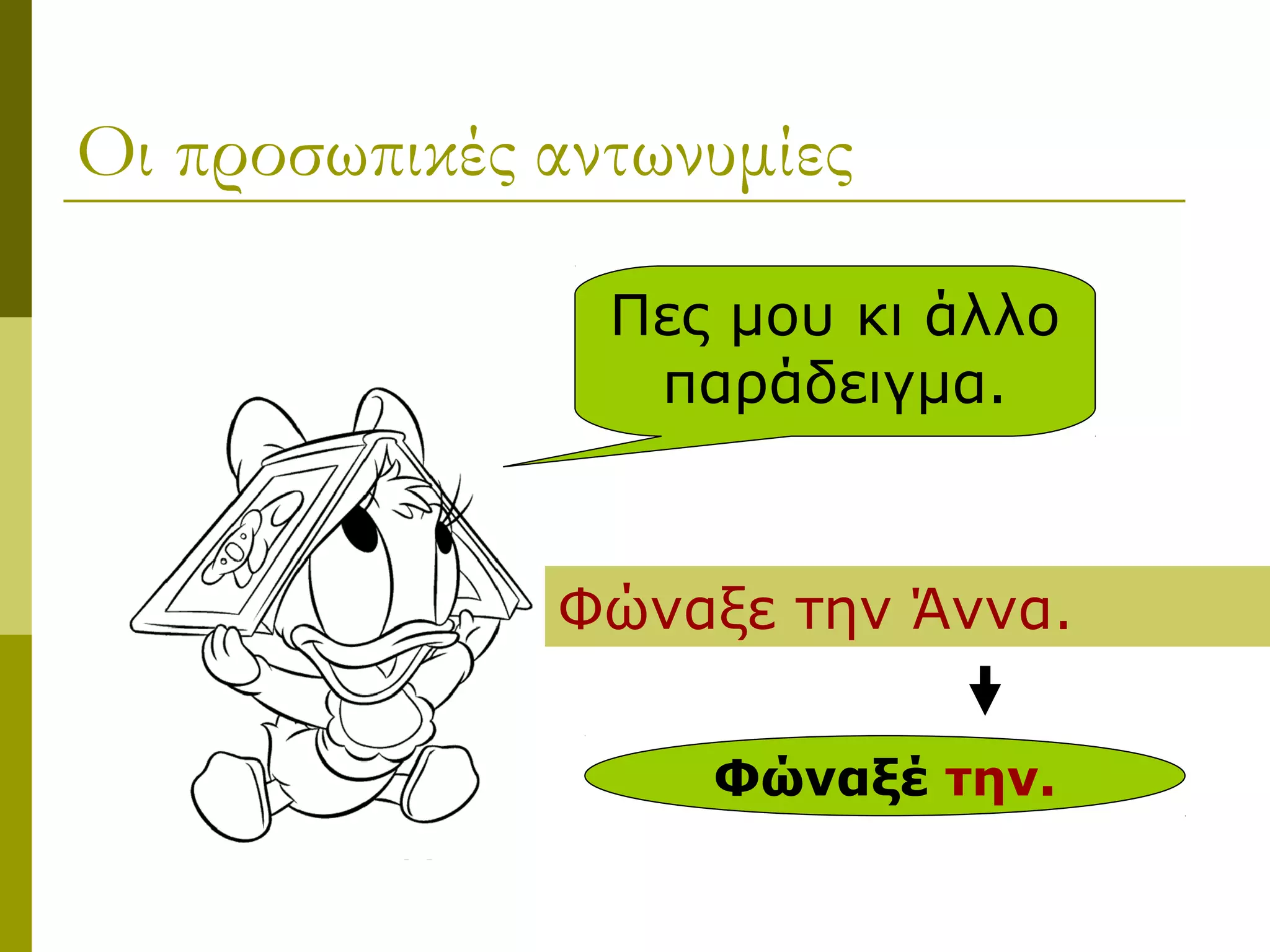 Οι προσωπικές αντωνυμίες
Πες μου κι άλλο
παράδειγμα.
Φώναξε την Άννα.
Φώναξέ την.
 