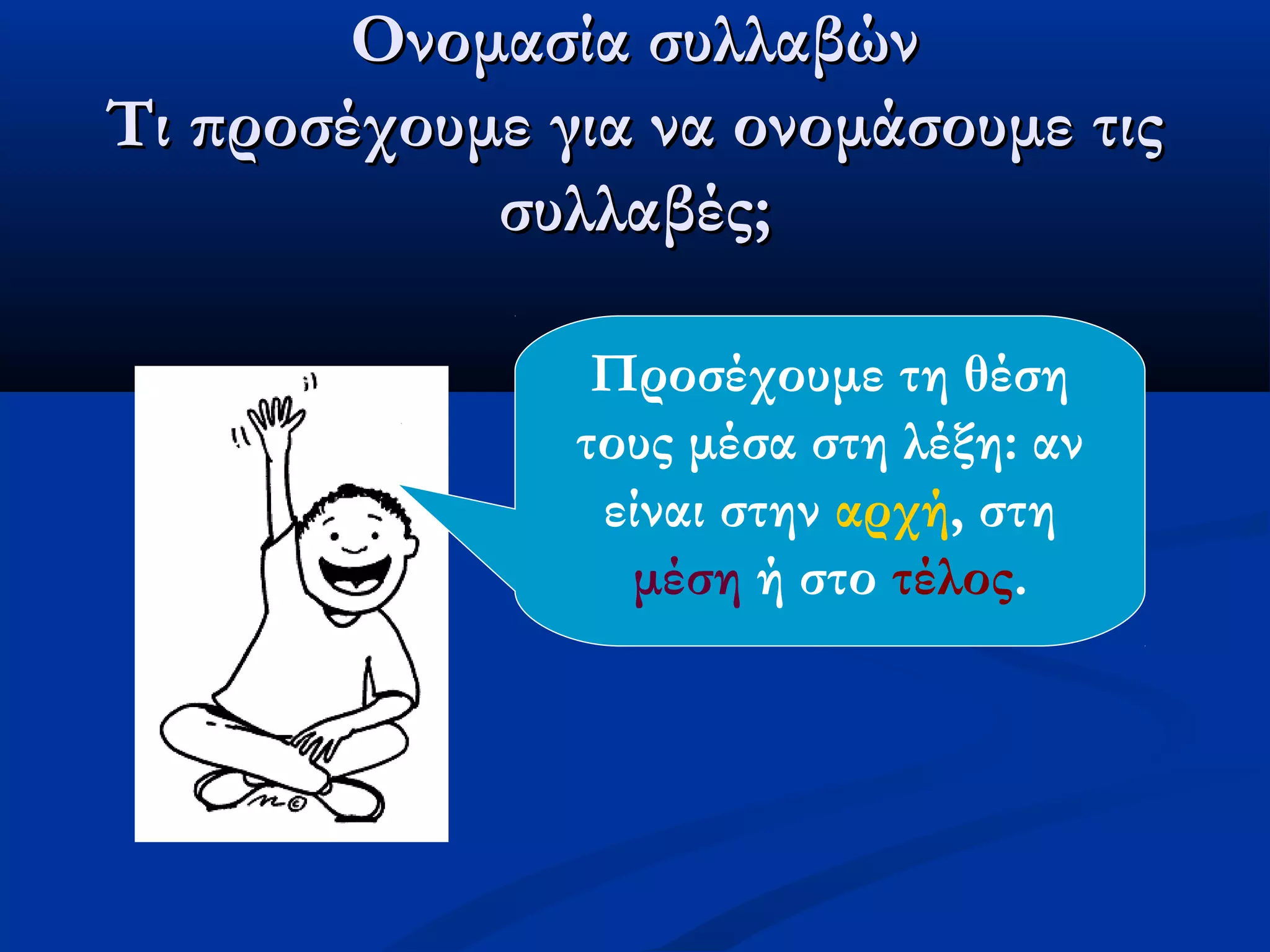 Ονομασία συλλαβώνΟνομασία συλλαβών
Τι προσέχουμε για να ονομάσουμε τιςΤι προσέχουμε για να ονομάσουμε τις
συλλαβές;συλλαβές;
Προσέχουμε τη θέση
τους μέσα στη λέξη: αν
είναι στην αρχή, στη
μέση ή στο τέλος.
 