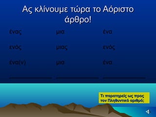 Ας κλίνουμε τώρα το ΑόριστοΑς κλίνουμε τώρα το Αόριστο
άρθρο!άρθρο!
ένας μια ένα
ενός μιας ενός
ένα(ν) μια ένα
--------------------- --------------------- ---------------------
Τι παρατηρείς ως προςΤι παρατηρείς ως προς
τον Πληθυντικό αριθμό;τον Πληθυντικό αριθμό;
 