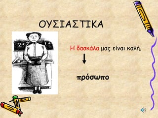 ΟΥΣΙΑΣΤΙΚΑ
Η δασκάλα μας είναι καλή.
πρόσωπο
 