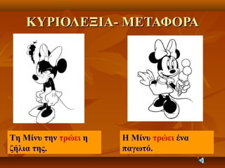 ΚΥΡΙΟΛΕΞΙΑ- ΜΕΤΑΦΟΡΑΚΥΡΙΟΛΕΞΙΑ- ΜΕΤΑΦΟΡΑ
Τη Μίνυ την τρώει η
ζήλια της.
Η Μίνυ τρώει ένα
παγωτό.
 