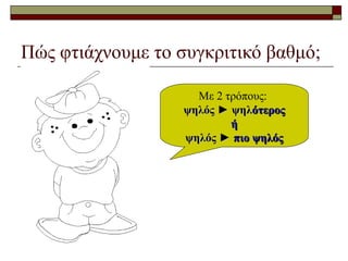 Πώς φτιάχνουμε το συγκριτικό βαθμό;
Με 2 τρόπους:
ψηλόςψηλός ► ψηλ► ψηλότεροςότερος
ήή
ψηλός ►ψηλός ► πιο ψηλόςπιο ψηλός
 