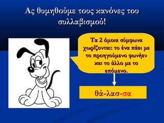 Ας θυμηθούμε τους κανόνες τουΑς θυμηθούμε τους κανόνες του
συλλαβισμού!συλλαβισμού!
Τα 2 όμοια σύμφωναΤα 2 όμοια σύμφωνα
χωρίζονται: το ένα πάει μεχωρίζονται: το ένα πάει με
το προηγούμενο φωνήεντο προηγούμενο φωνήεν
και το άλλο με τοκαι το άλλο με το
επόμενο.επόμενο.
θά-λασ-σα
 