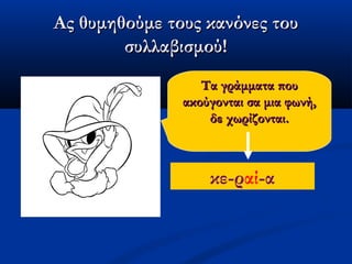 Ας θυμηθούμε τους κανόνες τουΑς θυμηθούμε τους κανόνες του
συλλαβισμού!συλλαβισμού!
Τα γράμματα πουΤα γράμματα που
ακούγονται σα μια φωνή,ακούγονται σα μια φωνή,
δε χωρίζονται.δε χωρίζονται.
κε-ραί-α
 