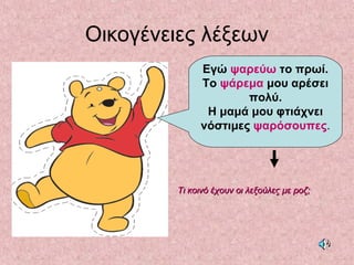 Οικογένειες λέξεων
Εγώ ψαρεύω το πρωί.
Το ψάρεμα μου αρέσει
πολύ.
Η μαμά μου φτιάχνει
νόστιμες ψαρόσουπες.
Τι κοινό έχουν οι λεξούλες με ροζ;Τι κοινό έχουν οι λεξούλες με ροζ;
 