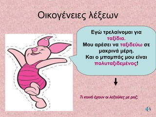 Οικογένειες λέξεων
Εγώ τρελαίνομαι για
ταξίδια.
Μου αρέσει να ταξιδεύω σε
μακρινά μέρη.
Και ο μπαμπάς μου είναι
πολυταξιδεμένος!
Τι κοινό έχουν οι λεξούλες με ροζ;Τι κοινό έχουν οι λεξούλες με ροζ;
 