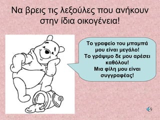 Να βρεις τις λεξούλες που ανήκουν
στην ίδια οικογένεια!
Το γραφείο του μπαμπά
μου είναι μεγάλο!
Το γράψιμο δε μου αρέσει
καθόλου!
Μια φίλη μου είναι
συγγραφέας!
 