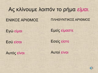 Ας κλίνουμε λοιπόν το ρήμα είμαι.
ΕΝΙΚΟΣ ΑΡΙΘΜΟΣ
Εγώ είμαι
Εσύ είσαι
Αυτός είναι
ΠΛΗΘΥΝΤΙΚΟΣ ΑΡΙΘΜΟΣ
Εμείς είμαστε
Εσείς είστε
Αυτοί είναι
 