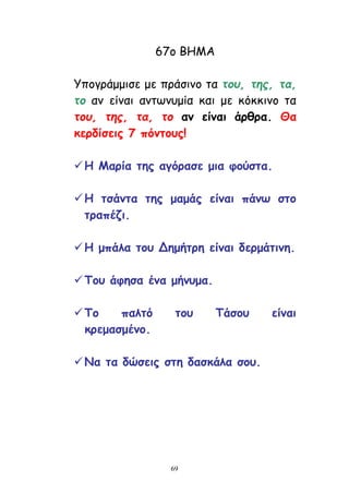 69
67μ ΒΕΙΑ
Ρπμγνάμμηζε με πνάζηκμ ηα ηος, ηηρ, ηα,
ηο ακ είκαη ακηςκομία θαη με θόθθηκμ ηα
ηος, ηηρ, ηα, ηο ακ είκαη άνζνα. Θα
θενδίζεηξ 7 πόκημοξ!
Η Μανία ηεξ αγόναζε μηα θμύζηα.
Η ηζάκηα ηεξ μαμάξ είκαη πάκω ζημ
ηναπέδη.
Η μπάια ημο Δεμήηνε είκαη δενμάηηκε.
Σμο άθεζα έκα μήκομα.
Σμ παιηό ημο Σάζμο είκαη
θνεμαζμέκμ.
Να ηα δώζεηξ ζηε δαζθάια ζμο.
 