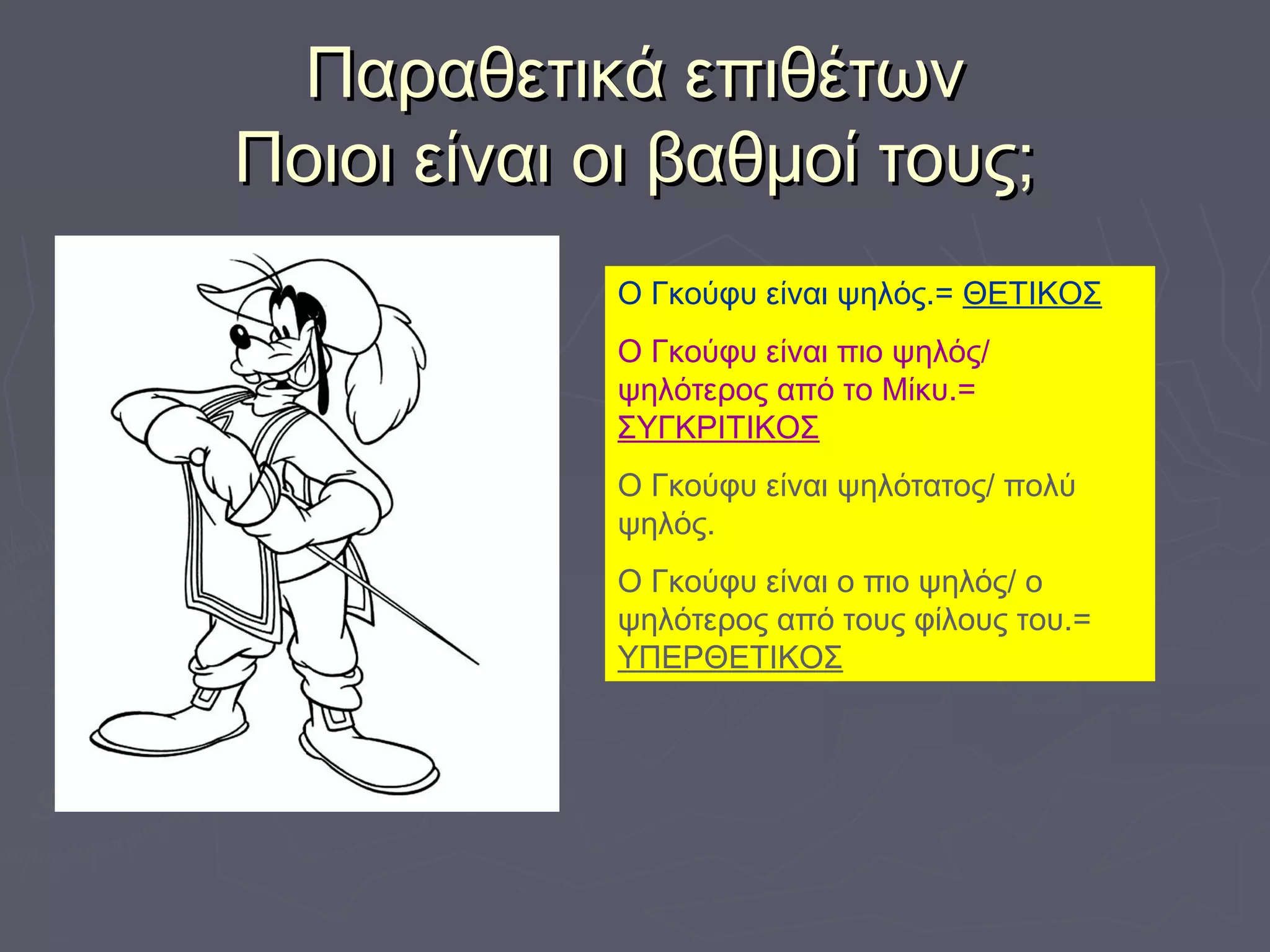Παραθετικά επιθέτωνΠαραθετικά επιθέτων
Ποιοι είναι οι βαθμοί τους;Ποιοι είναι οι βαθμοί τους;
Ο Γκούφυ είναι ψηλός.= ΘΕΤΙΚΟΣ
Ο Γκούφυ είναι πιο ψηλός/
ψηλότερος από το Μίκυ.=
ΣΥΓΚΡΙΤΙΚΟΣ
Ο Γκούφυ είναι ψηλότατος/ πολύ
ψηλός.
Ο Γκούφυ είναι ο πιο ψηλός/ ο
ψηλότερος από τους φίλους του.=
ΥΠΕΡΘΕΤΙΚΟΣ
 