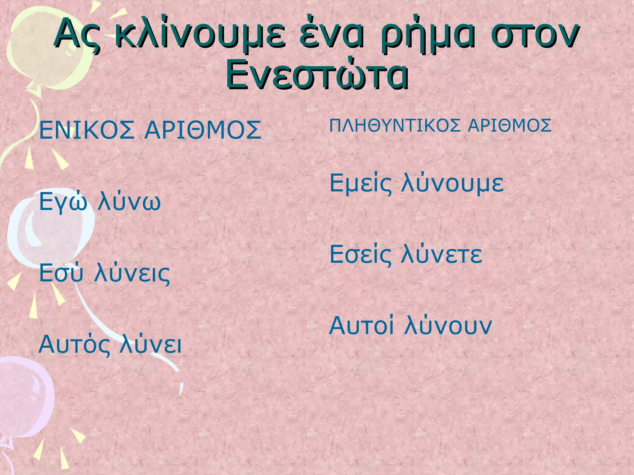 Ας κλίνουμε ένα ρήμα στονΑς κλίνουμε ένα ρήμα στον
ΕνεστώταΕνεστώτα
ΕΝΙΚΟΣ ΑΡΙΘΜΟΣ
Εγώ λύνω
Εσύ λύνεις
Αυτός λύνει
ΠΛΗΘΥΝΤΙΚΟΣ ΑΡΙΘΜΟΣ
Εμείς λύνουμε
Εσείς λύνετε
Αυτοί λύνουν
 
